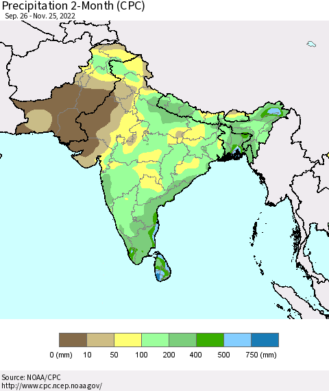 Southern Asia Precipitation 2-Month (CPC) Thematic Map For 9/26/2022 - 11/25/2022