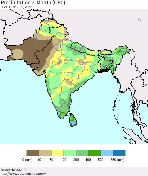 Southern Asia Precipitation 2-Month (CPC) Thematic Map For 10/1/2022 - 11/30/2022