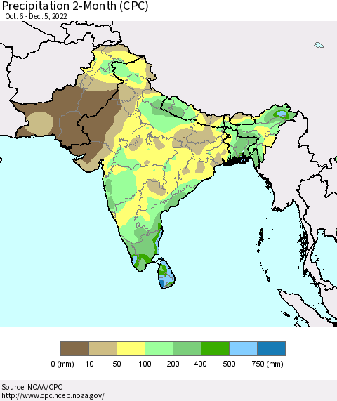 Southern Asia Precipitation 2-Month (CPC) Thematic Map For 10/6/2022 - 12/5/2022