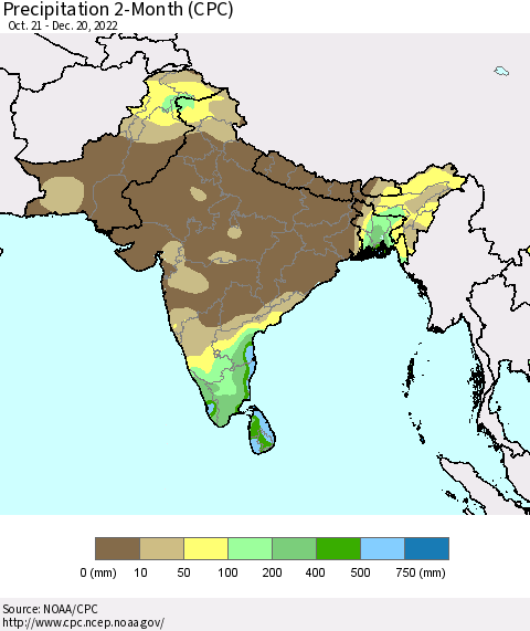 Southern Asia Precipitation 2-Month (CPC) Thematic Map For 10/21/2022 - 12/20/2022