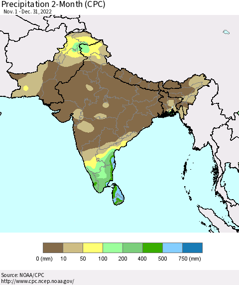Southern Asia Precipitation 2-Month (CPC) Thematic Map For 11/1/2022 - 12/31/2022