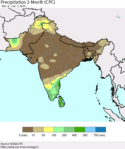 Southern Asia Precipitation 2-Month (CPC) Thematic Map For 11/6/2022 - 1/5/2023