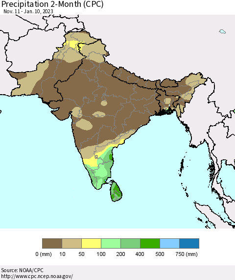 Southern Asia Precipitation 2-Month (CPC) Thematic Map For 11/11/2022 - 1/10/2023