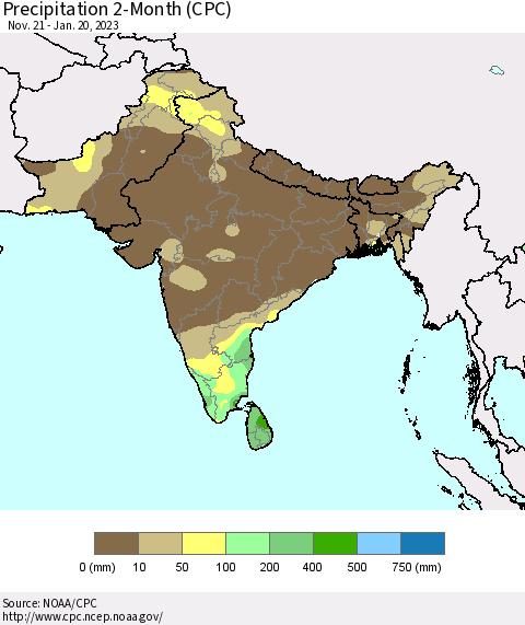 Southern Asia Precipitation 2-Month (CPC) Thematic Map For 11/21/2022 - 1/20/2023
