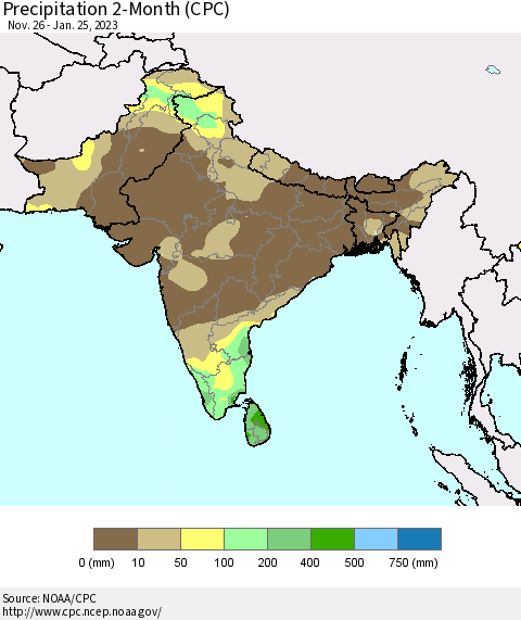 Southern Asia Precipitation 2-Month (CPC) Thematic Map For 11/26/2022 - 1/25/2023