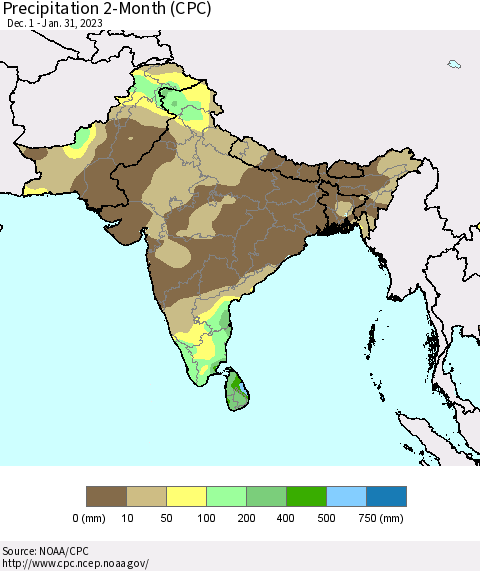 Southern Asia Precipitation 2-Month (CPC) Thematic Map For 12/1/2022 - 1/31/2023