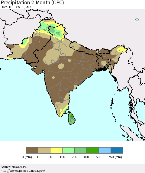 Southern Asia Precipitation 2-Month (CPC) Thematic Map For 12/16/2022 - 2/15/2023