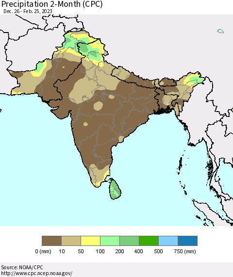 Southern Asia Precipitation 2-Month (CPC) Thematic Map For 12/26/2022 - 2/25/2023