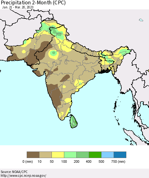 Southern Asia Precipitation 2-Month (CPC) Thematic Map For 1/21/2023 - 3/20/2023