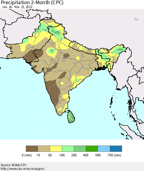 Southern Asia Precipitation 2-Month (CPC) Thematic Map For 1/26/2023 - 3/25/2023
