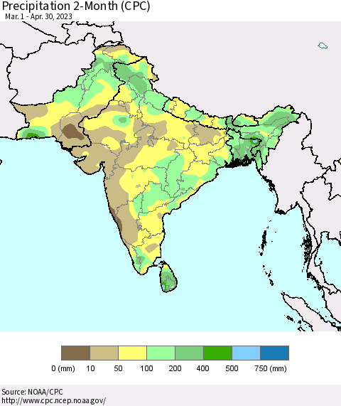 Southern Asia Precipitation 2-Month (CPC) Thematic Map For 3/1/2023 - 4/30/2023