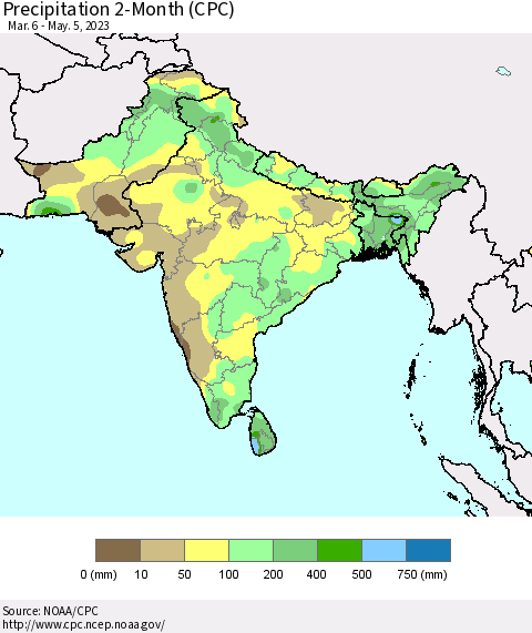 Southern Asia Precipitation 2-Month (CPC) Thematic Map For 3/6/2023 - 5/5/2023