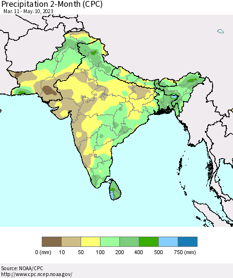 Southern Asia Precipitation 2-Month (CPC) Thematic Map For 3/11/2023 - 5/10/2023