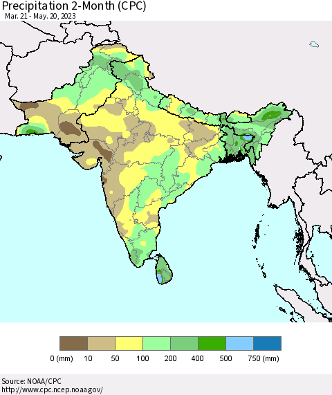 Southern Asia Precipitation 2-Month (CPC) Thematic Map For 3/21/2023 - 5/20/2023