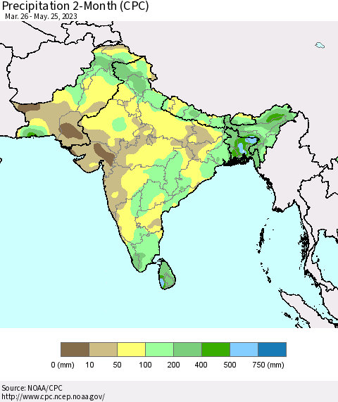 Southern Asia Precipitation 2-Month (CPC) Thematic Map For 3/26/2023 - 5/25/2023