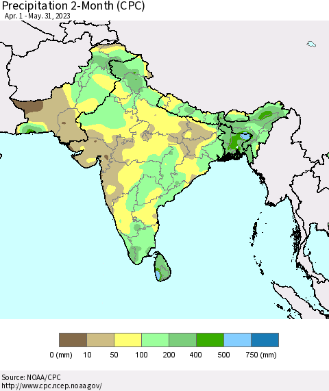 Southern Asia Precipitation 2-Month (CPC) Thematic Map For 4/1/2023 - 5/31/2023
