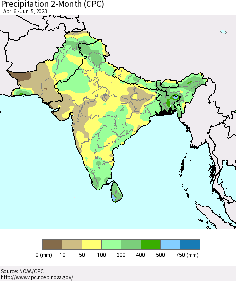 Southern Asia Precipitation 2-Month (CPC) Thematic Map For 4/6/2023 - 6/5/2023