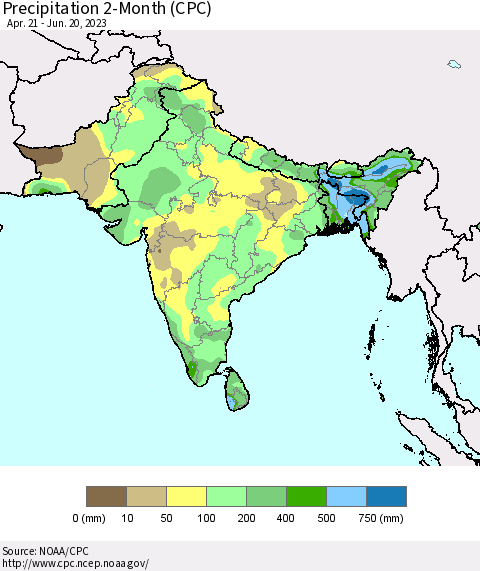 Southern Asia Precipitation 2-Month (CPC) Thematic Map For 4/21/2023 - 6/20/2023