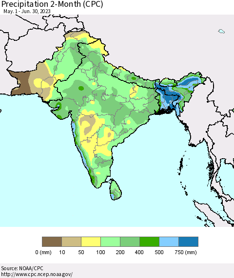Southern Asia Precipitation 2-Month (CPC) Thematic Map For 5/1/2023 - 6/30/2023