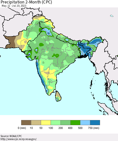 Southern Asia Precipitation 2-Month (CPC) Thematic Map For 5/11/2023 - 7/10/2023