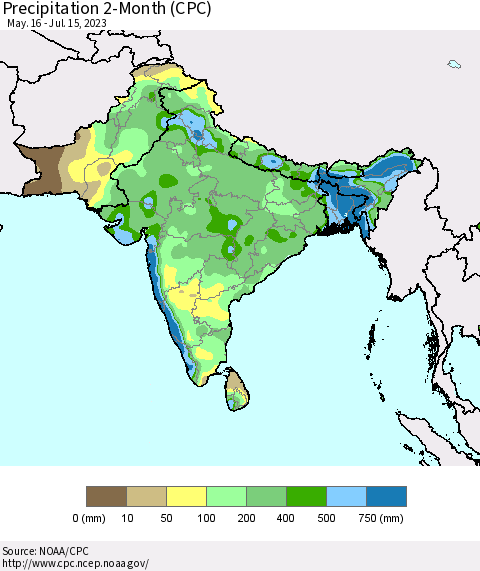 Southern Asia Precipitation 2-Month (CPC) Thematic Map For 5/16/2023 - 7/15/2023