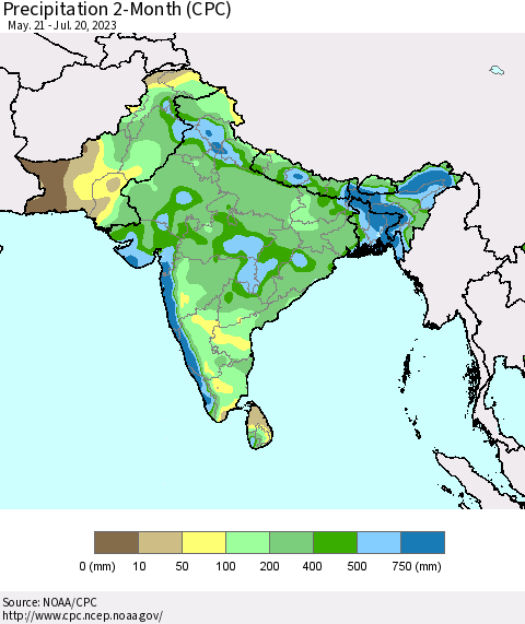 Southern Asia Precipitation 2-Month (CPC) Thematic Map For 5/21/2023 - 7/20/2023
