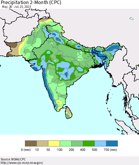 Southern Asia Precipitation 2-Month (CPC) Thematic Map For 5/26/2023 - 7/25/2023