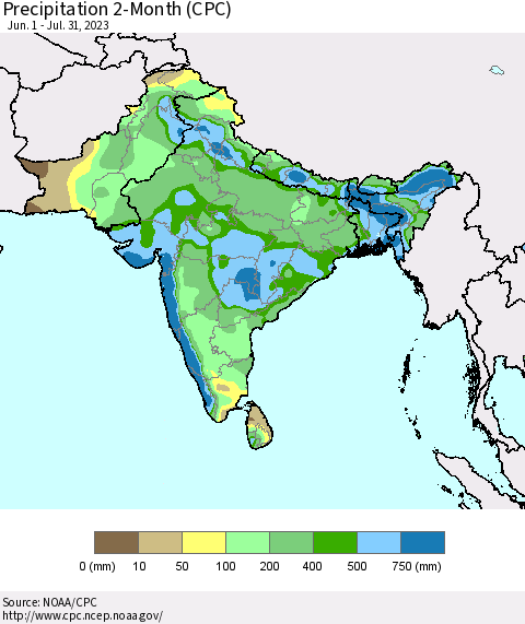 Southern Asia Precipitation 2-Month (CPC) Thematic Map For 6/1/2023 - 7/31/2023