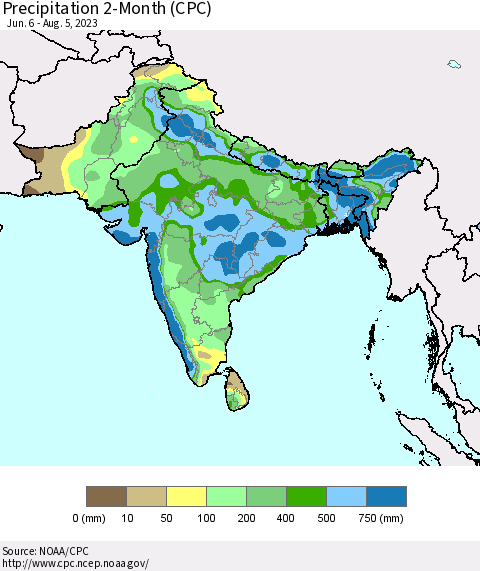Southern Asia Precipitation 2-Month (CPC) Thematic Map For 6/6/2023 - 8/5/2023