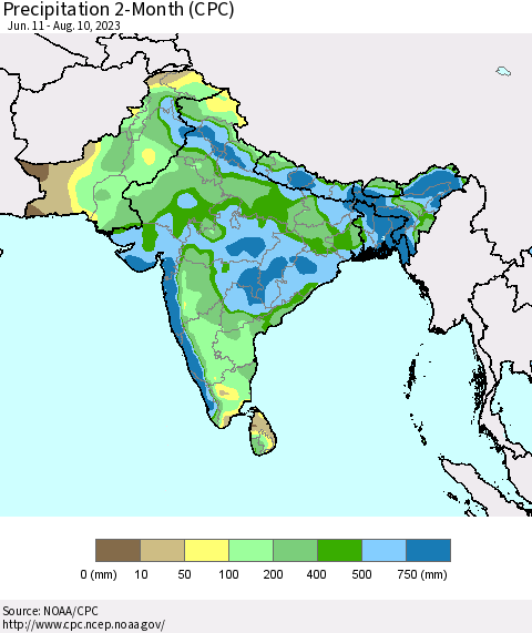 Southern Asia Precipitation 2-Month (CPC) Thematic Map For 6/11/2023 - 8/10/2023