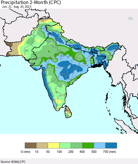 Southern Asia Precipitation 2-Month (CPC) Thematic Map For 6/21/2023 - 8/20/2023