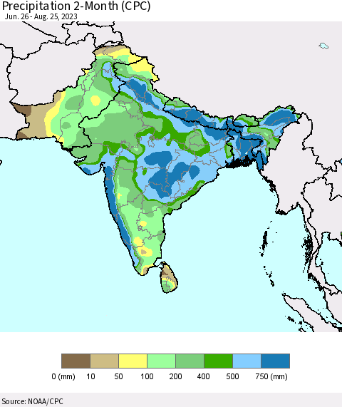 Southern Asia Precipitation 2-Month (CPC) Thematic Map For 6/26/2023 - 8/25/2023