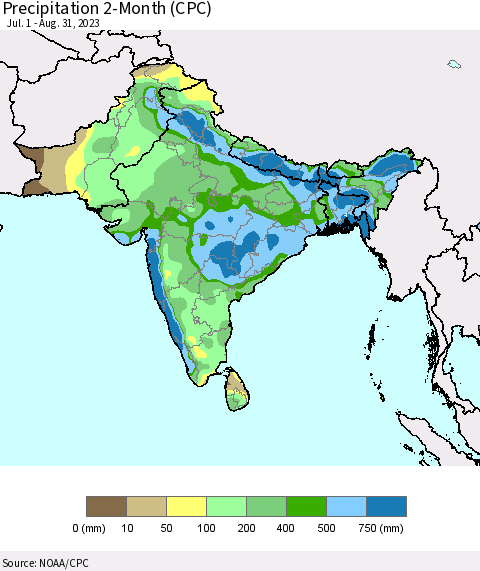 Southern Asia Precipitation 2-Month (CPC) Thematic Map For 7/1/2023 - 8/31/2023
