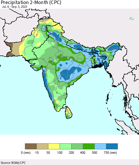 Southern Asia Precipitation 2-Month (CPC) Thematic Map For 7/6/2023 - 9/5/2023