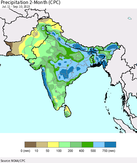 Southern Asia Precipitation 2-Month (CPC) Thematic Map For 7/11/2023 - 9/10/2023