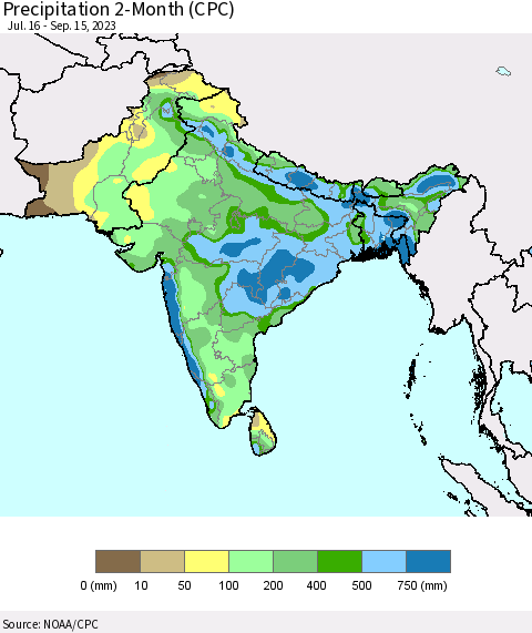 Southern Asia Precipitation 2-Month (CPC) Thematic Map For 7/16/2023 - 9/15/2023