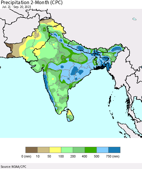 Southern Asia Precipitation 2-Month (CPC) Thematic Map For 7/21/2023 - 9/20/2023