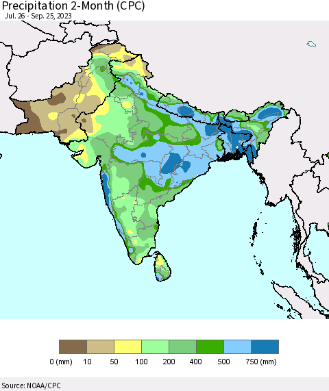 Southern Asia Precipitation 2-Month (CPC) Thematic Map For 7/26/2023 - 9/25/2023