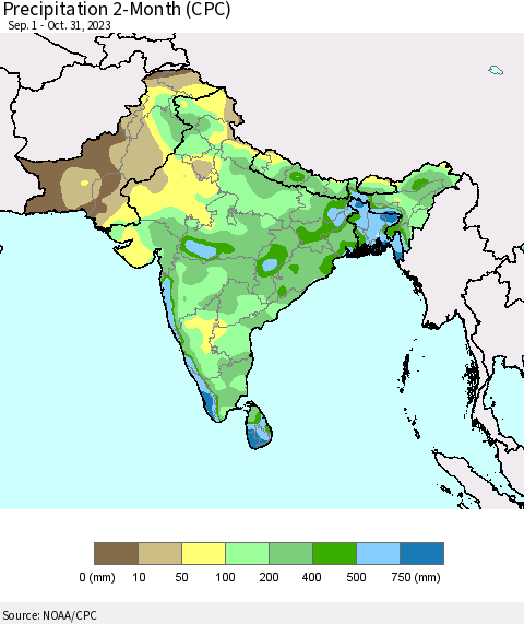 Southern Asia Precipitation 2-Month (CPC) Thematic Map For 9/1/2023 - 10/31/2023