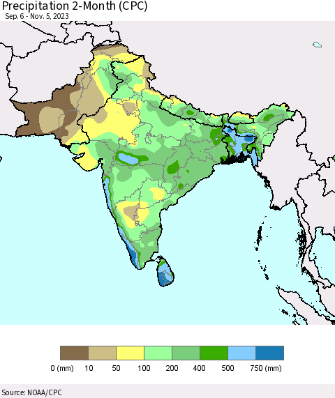 Southern Asia Precipitation 2-Month (CPC) Thematic Map For 9/6/2023 - 11/5/2023