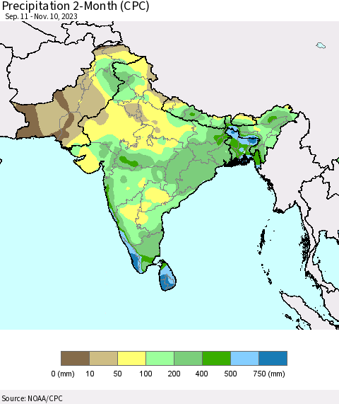 Southern Asia Precipitation 2-Month (CPC) Thematic Map For 9/11/2023 - 11/10/2023