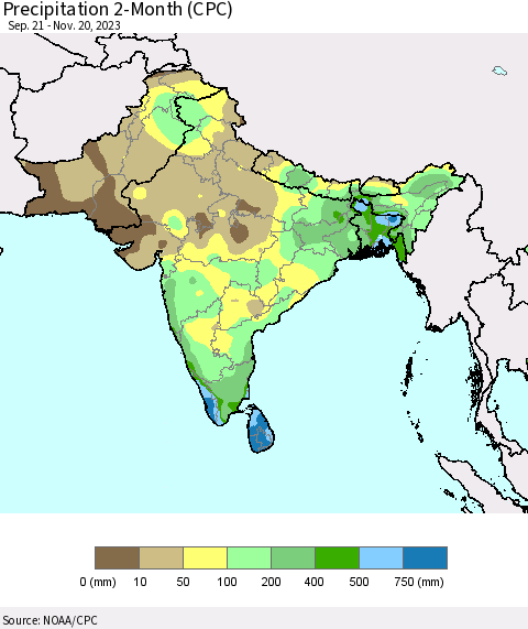 Southern Asia Precipitation 2-Month (CPC) Thematic Map For 9/21/2023 - 11/20/2023