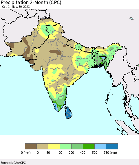 Southern Asia Precipitation 2-Month (CPC) Thematic Map For 10/1/2023 - 11/30/2023