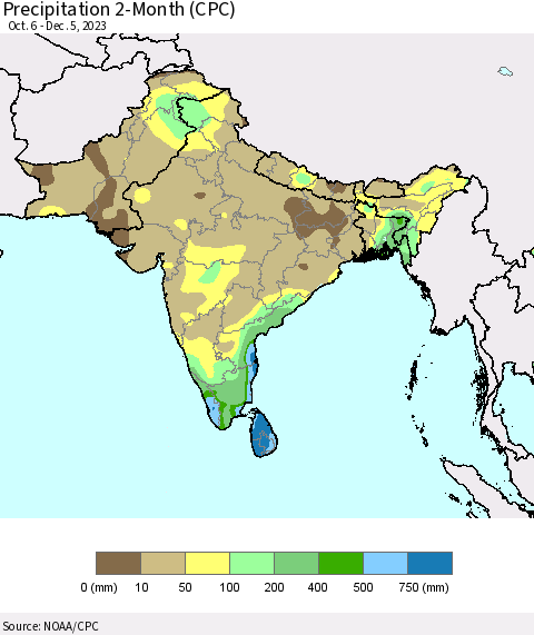 Southern Asia Precipitation 2-Month (CPC) Thematic Map For 10/6/2023 - 12/5/2023
