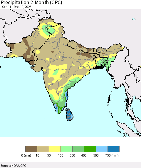 Southern Asia Precipitation 2-Month (CPC) Thematic Map For 10/11/2023 - 12/10/2023