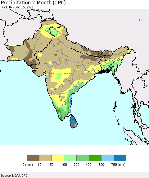 Southern Asia Precipitation 2-Month (CPC) Thematic Map For 10/16/2023 - 12/15/2023