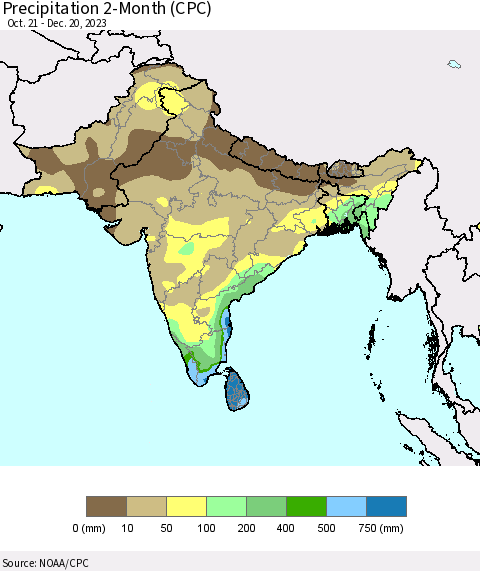 Southern Asia Precipitation 2-Month (CPC) Thematic Map For 10/21/2023 - 12/20/2023