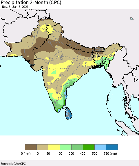 Southern Asia Precipitation 2-Month (CPC) Thematic Map For 11/6/2023 - 1/5/2024