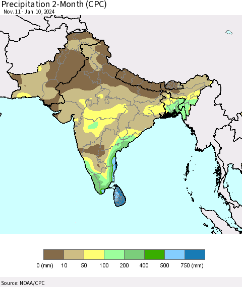 Southern Asia Precipitation 2-Month (CPC) Thematic Map For 11/11/2023 - 1/10/2024
