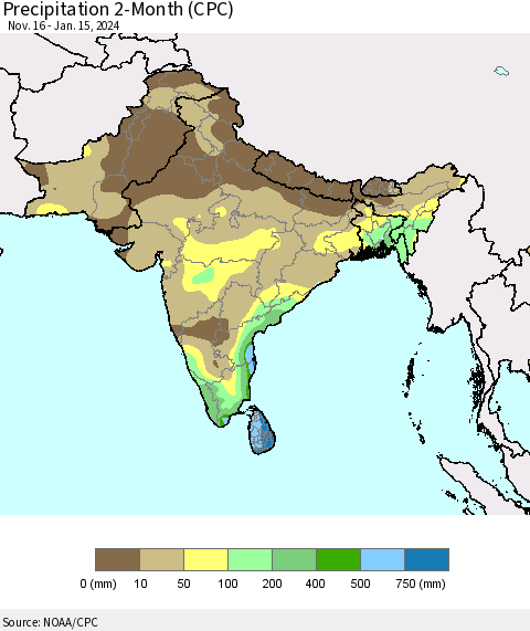 Southern Asia Precipitation 2-Month (CPC) Thematic Map For 11/16/2023 - 1/15/2024